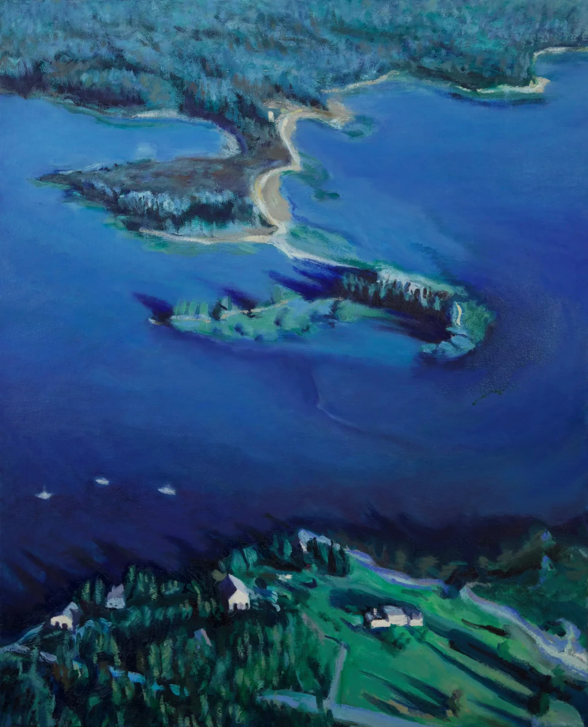 Aerial view oil painting of islands and blue water