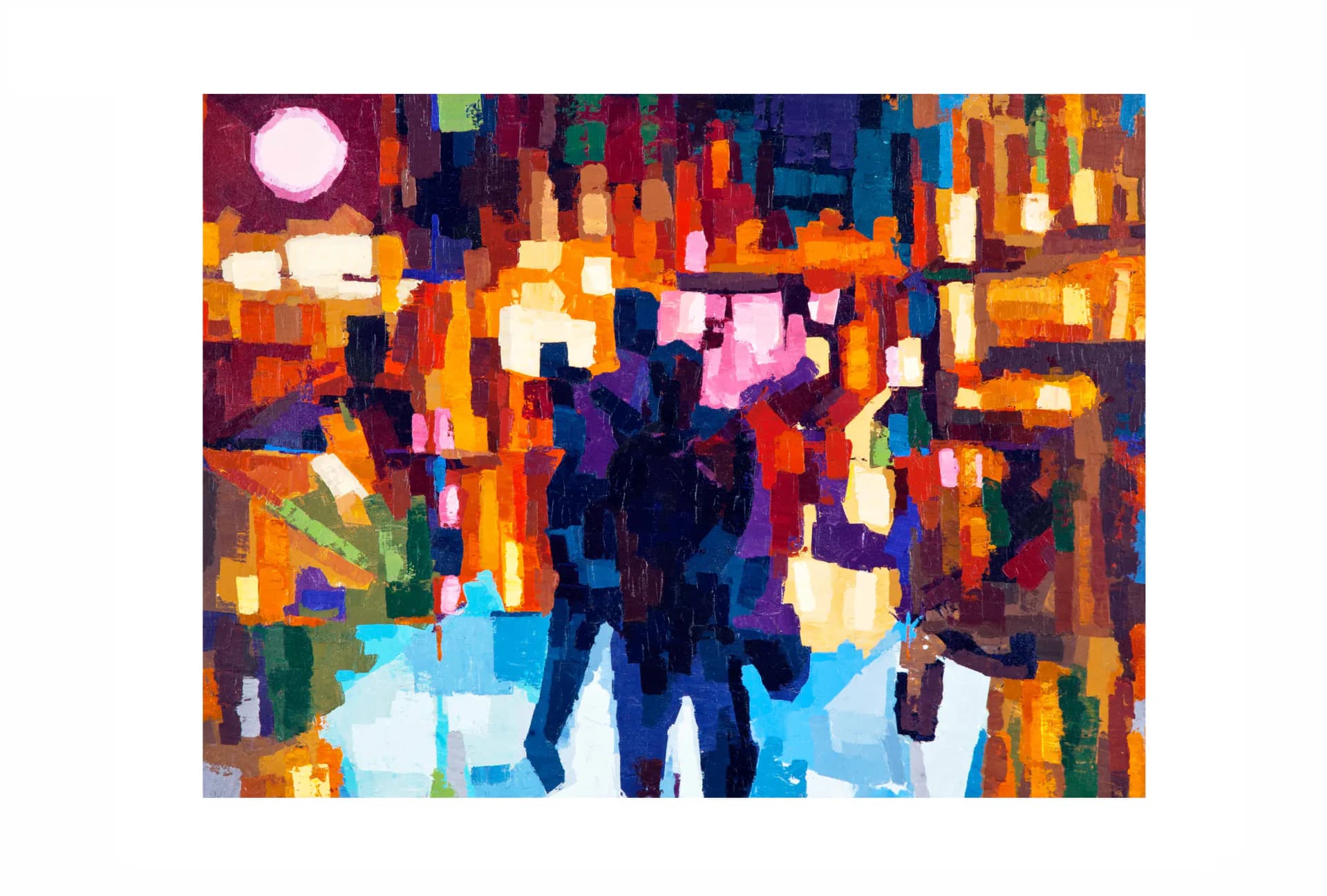Abstract figurative painting with dark silhouette figures against warm orange cityscape with full moon