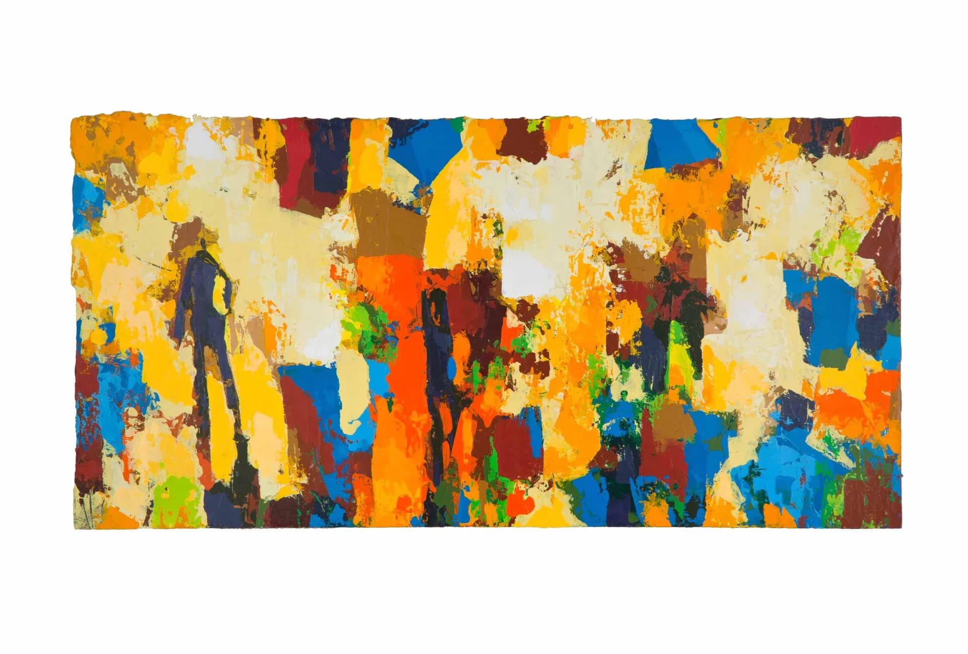 Large horizontal abstract painting with bold yellow, orange, and blue color blocks and emergent figures