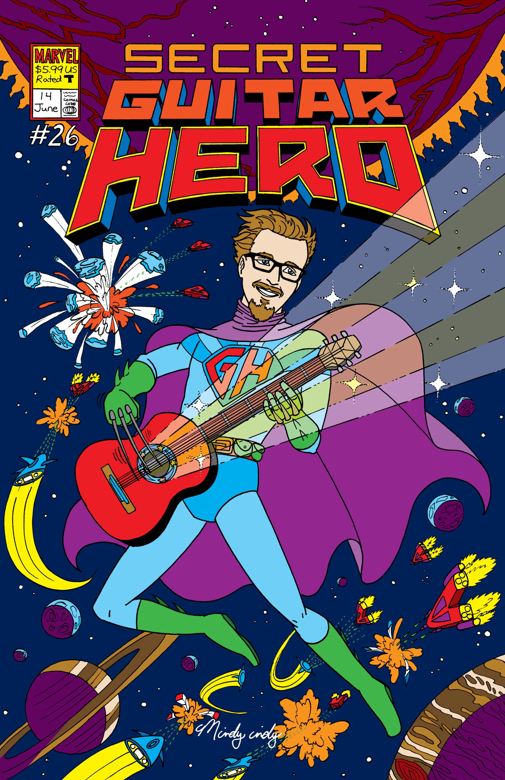 Secret Guitar Hero comic book cover parody with superhero guitarist in space