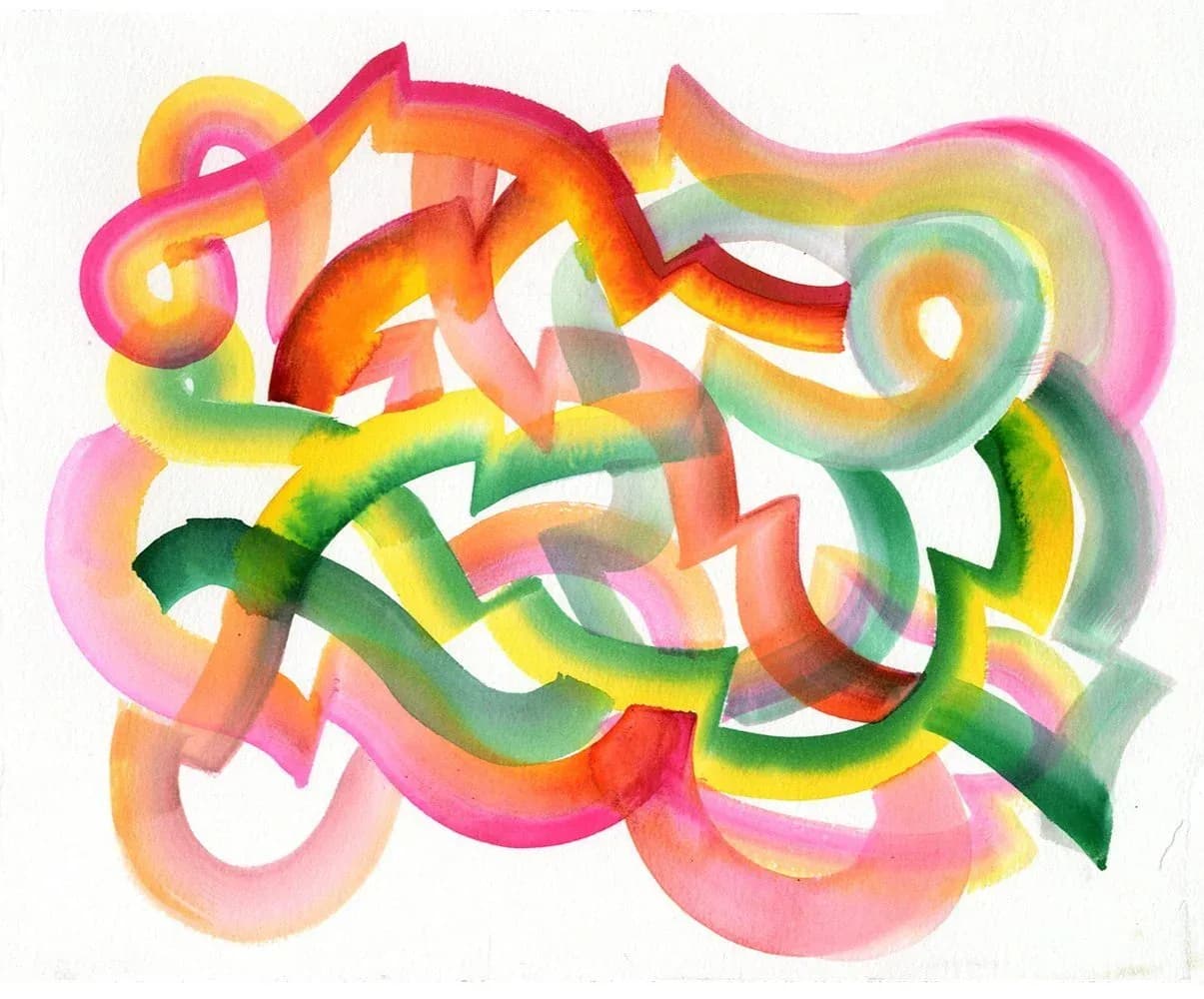 Vibrant colored pencil drawing of dancing figures in hats with expressive brushstroke-like marks