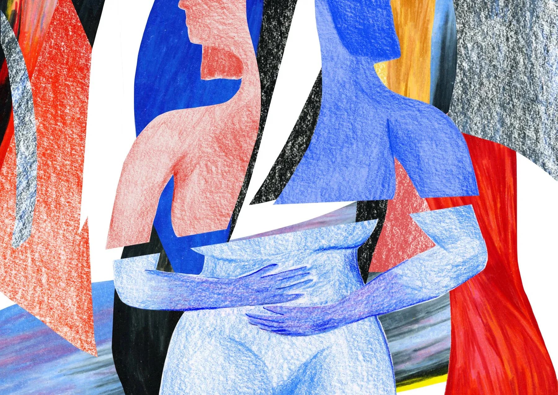 Mixed-media illustration of embracing figures in blue and red with textured crayon marks