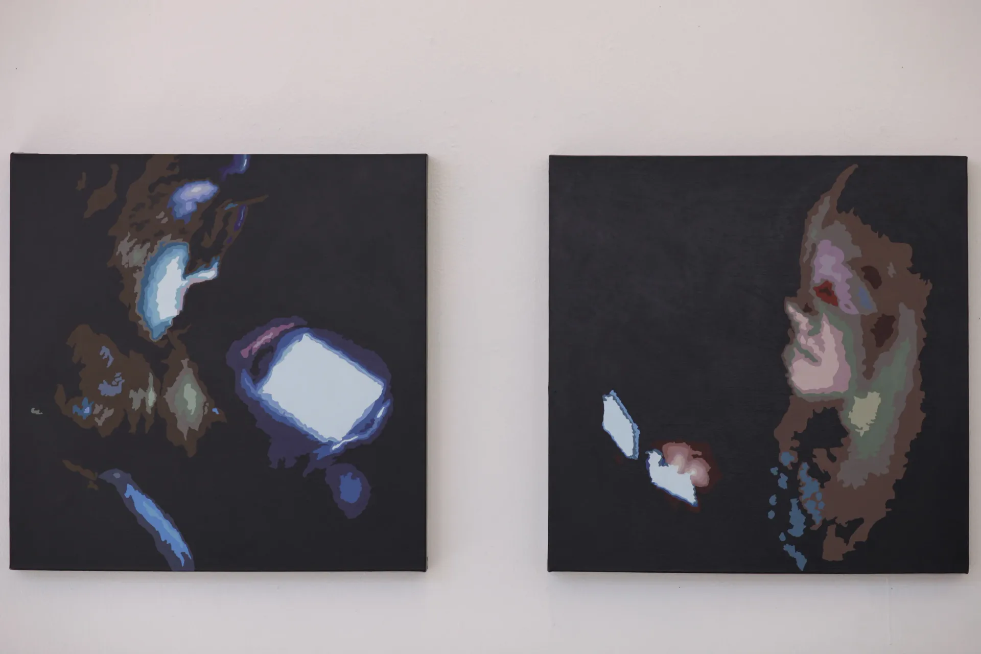 Diptych of dark paintings showing figures illuminated by phone screens