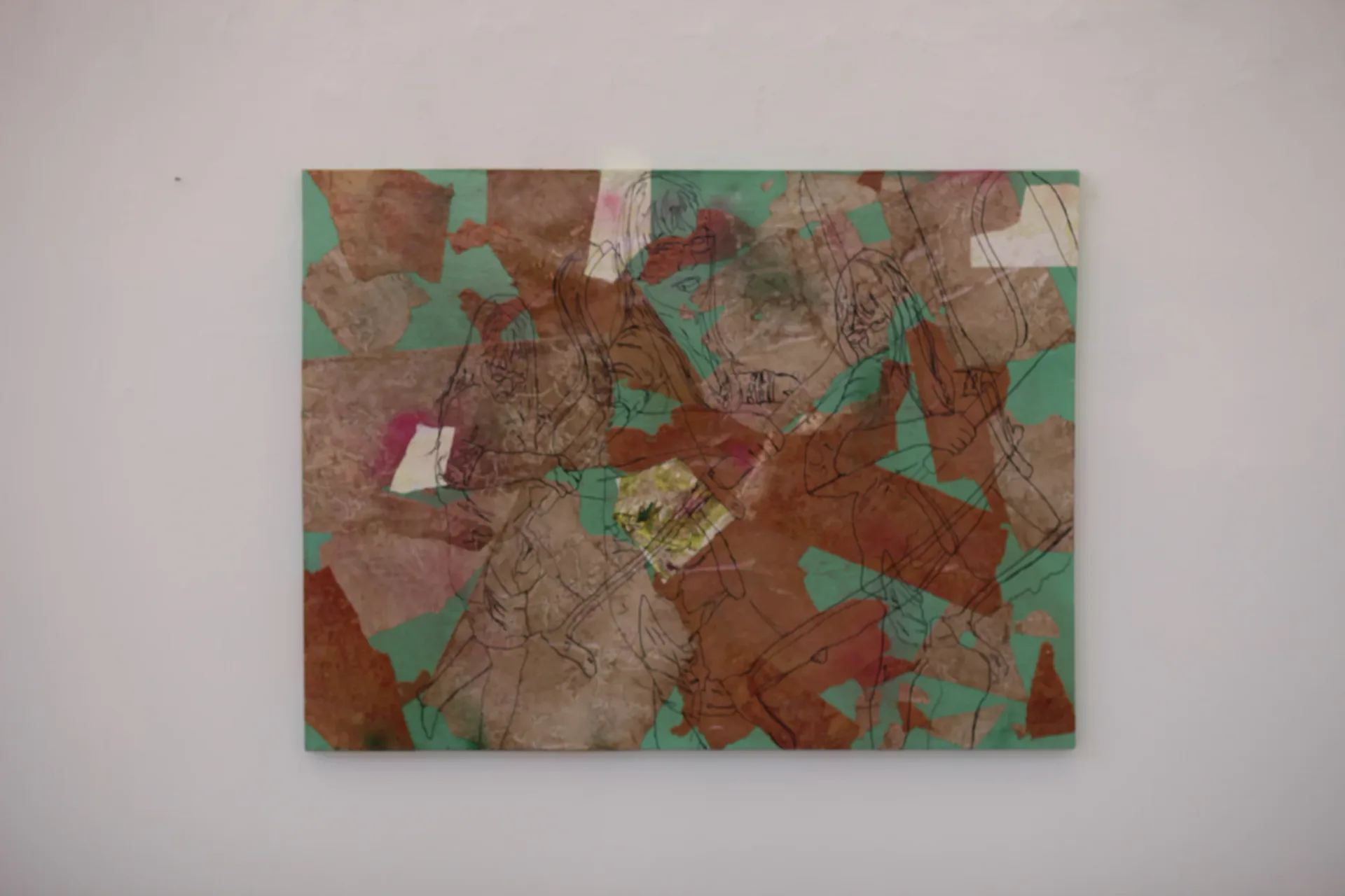 Stencil painting of two women on pink background with stylized hair motifs