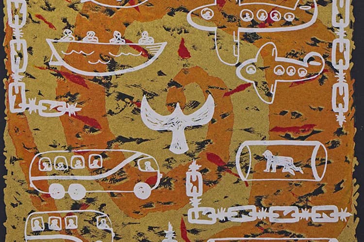 Mustard-yellow textile or print with white-outlined airplanes, trucks, and a dove amid scattered black silhouettes, depicting children's transportation themes.