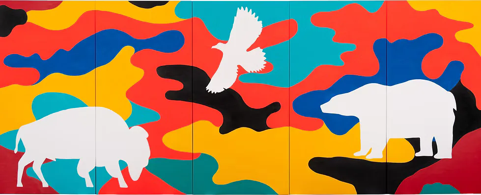 Colorful puzzle-style mural with interlocking animal silhouettes (goat, elephant, bird) in red, yellow, blue, and black against contrasting backgrounds.