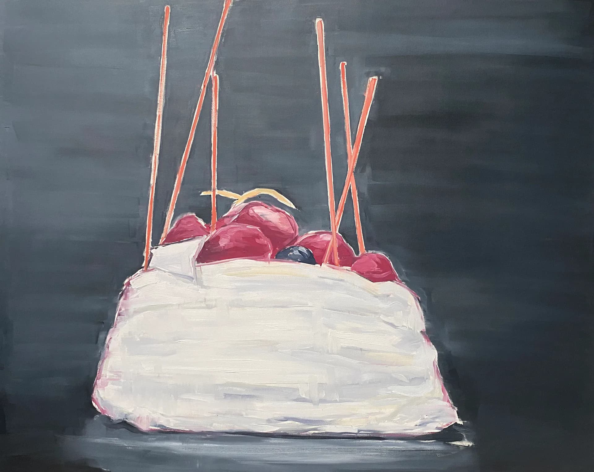Oil painting of a slice of white cake with cherries and candles on a dark background