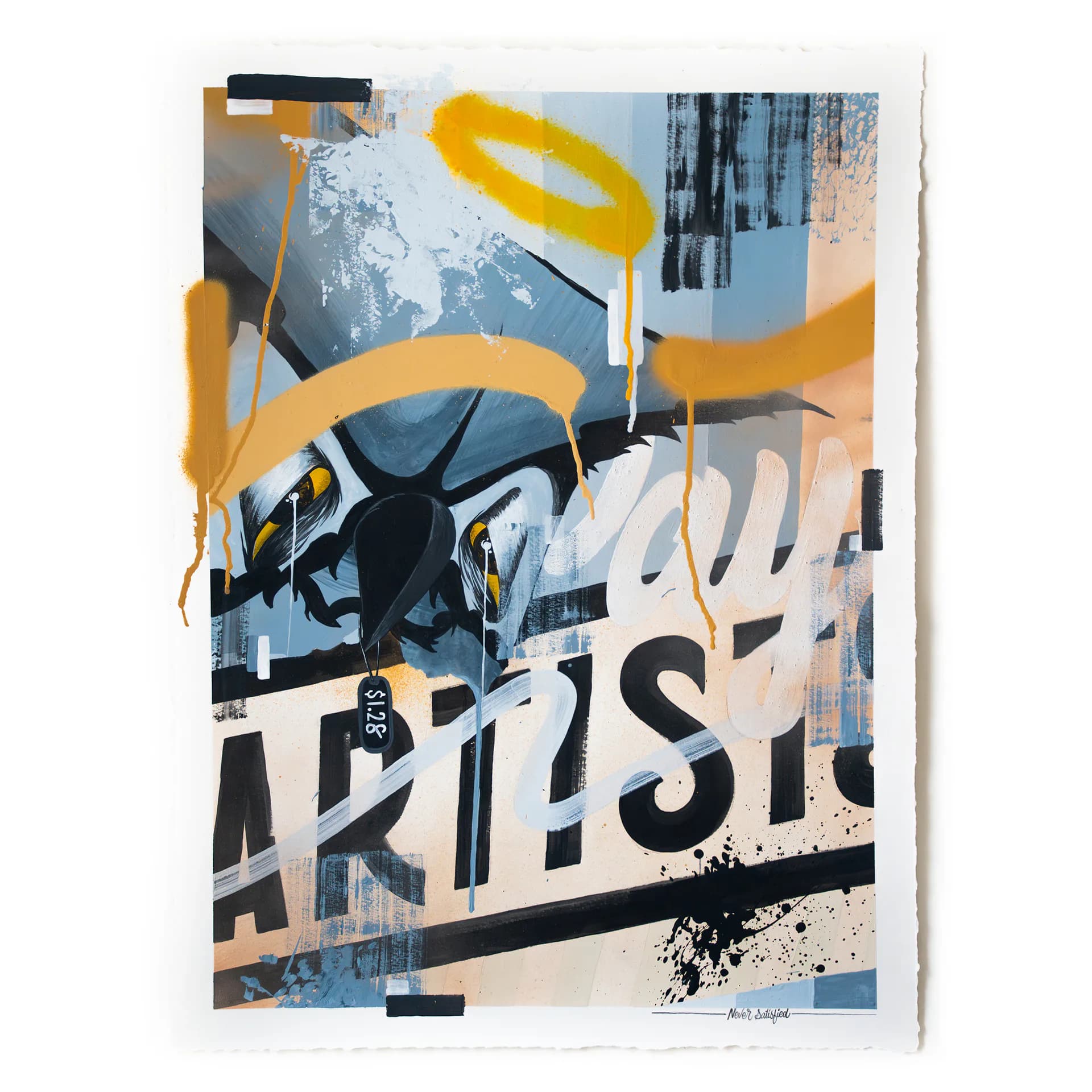 Mixed media painting combining eagle figure with halo, layered text and spray paint in blue and gold tones