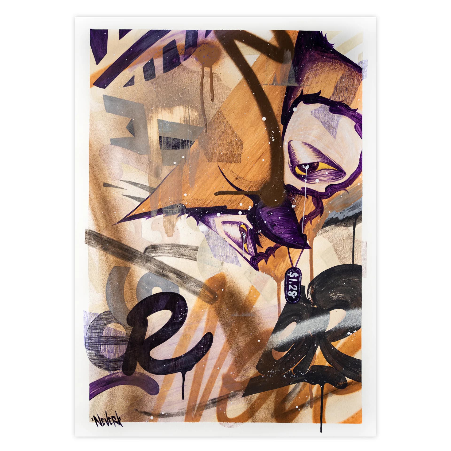 Abstract mixed media painting with purple bird creature, calligraphic marks, and orange warm tones