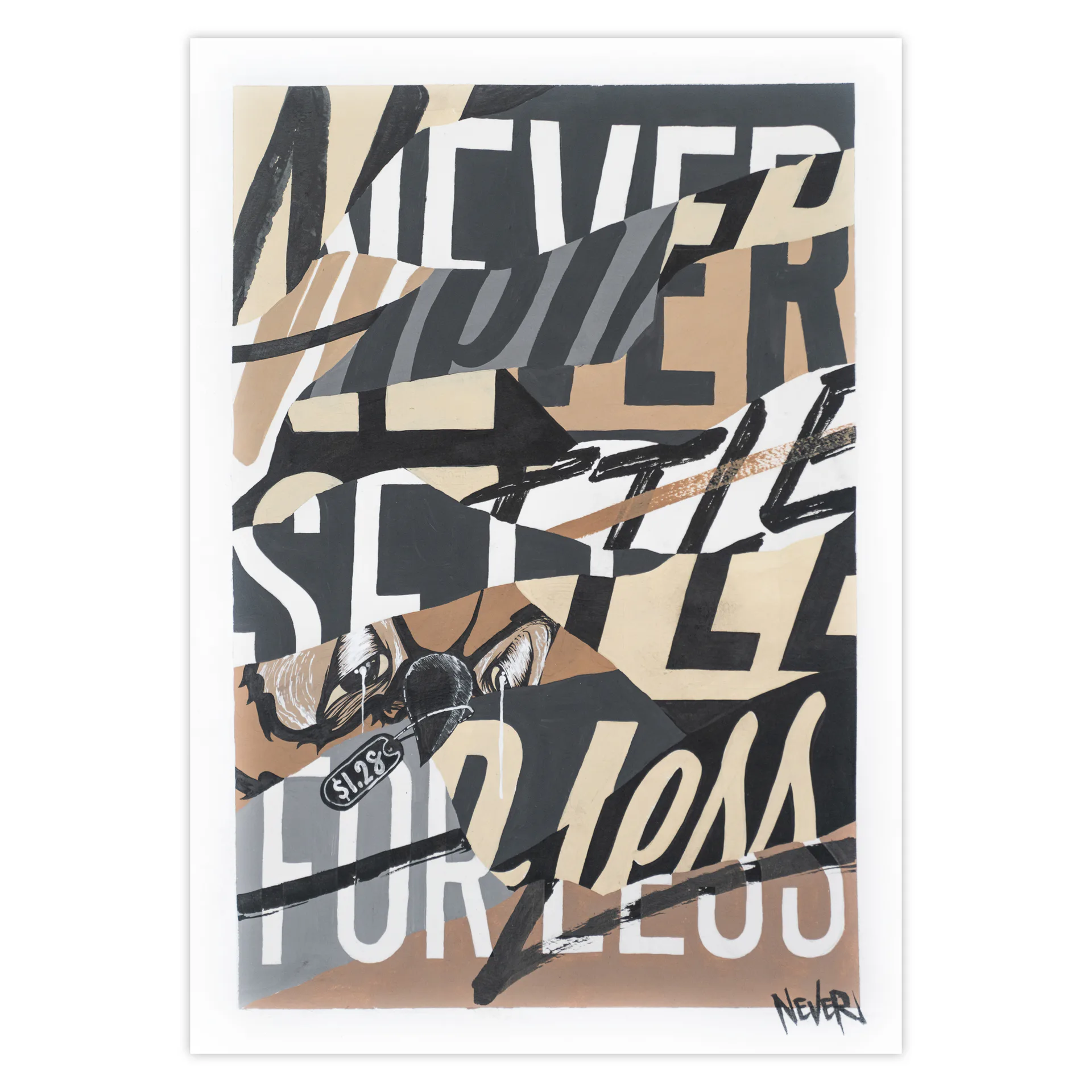 Mixed media painting with layered typography reading Never Settle For Less in earth tones with illustrated animal figure