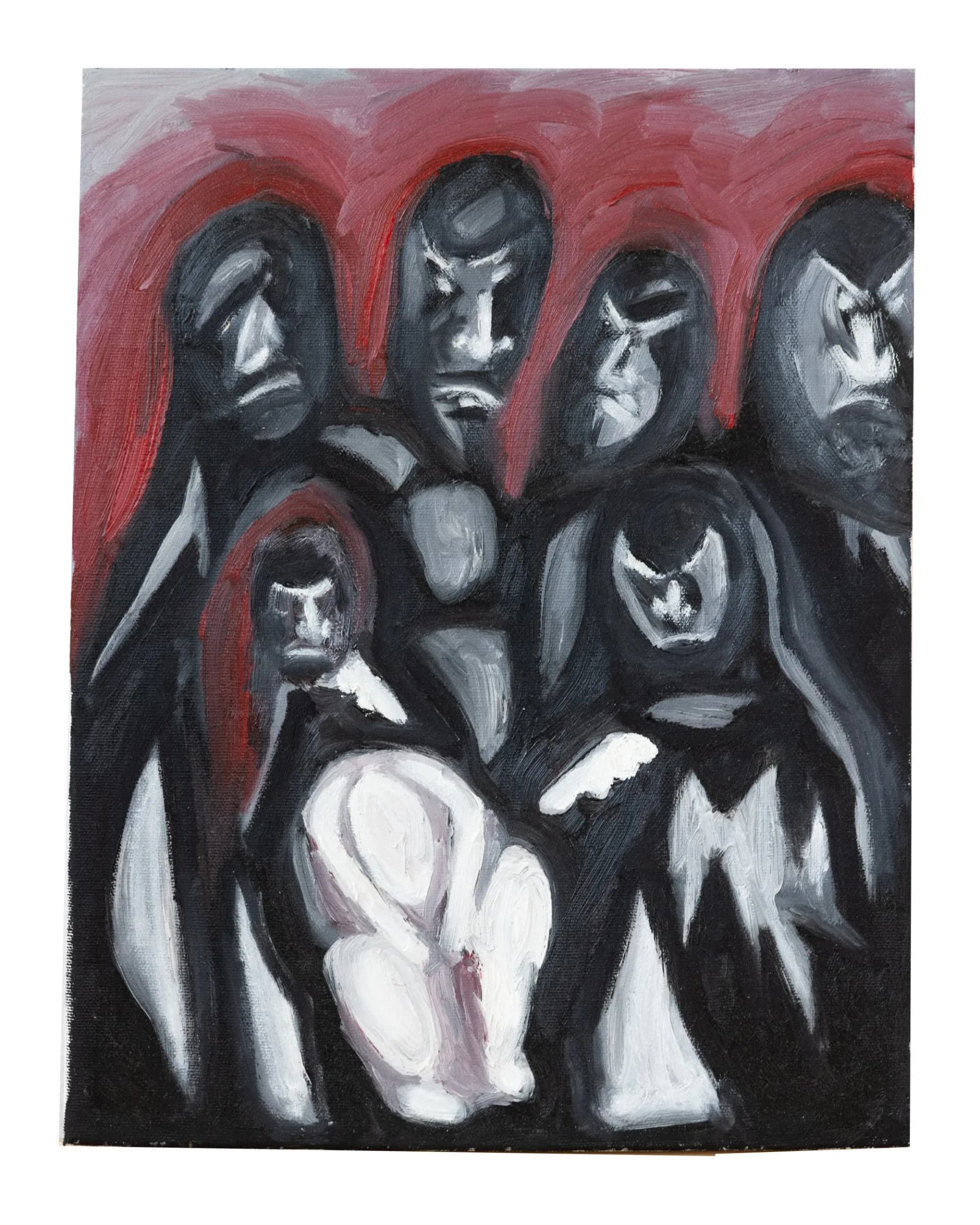 Ghostly figure draped in flowing black and white hair against a red background