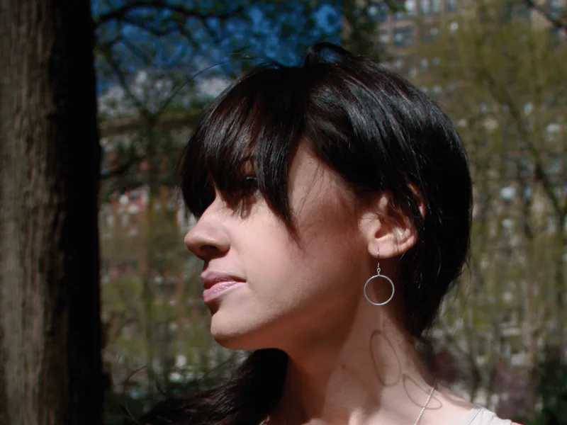 Double hoop silver earrings on wooden surface