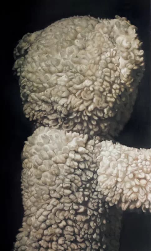 Hyperrealistic oil painting of a teddy bear from the side against black background