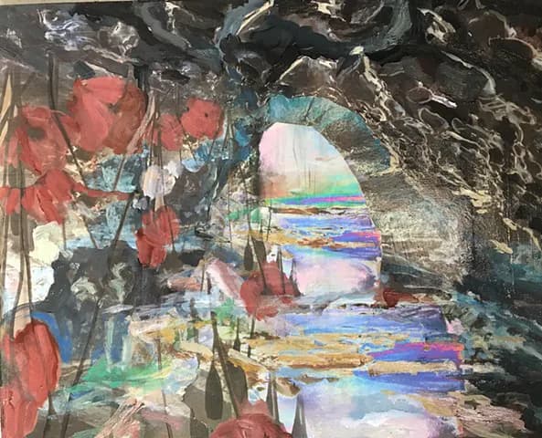 Mixed-media installation combining pressed red flowers, painted landscape with water and rainbow colors, visible through archway or tunnel structure.