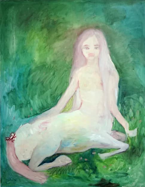 Ethereal painting of a pale figure seated in a green landscape with a mushroom