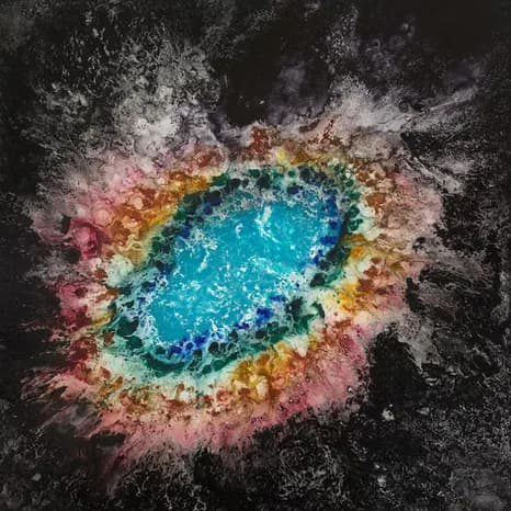 Abstract painting of colorful nebula-like eye or cosmic explosion against dark background