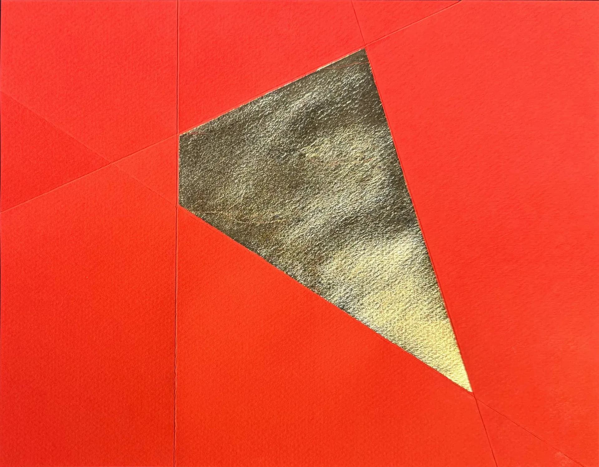 Red paper work with gold leaf triangle and incised geometric lines