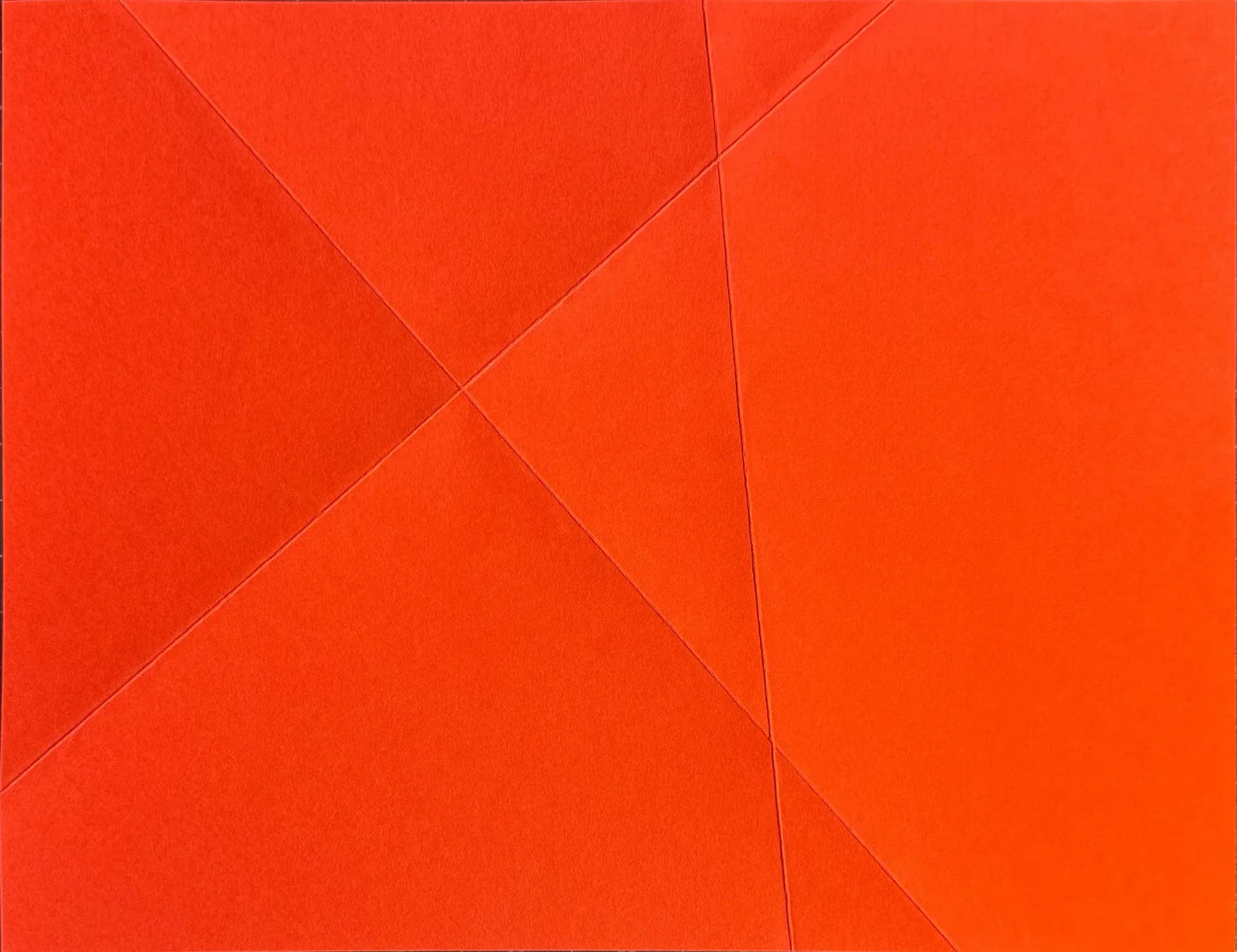 Monochromatic red abstract painting with subtle folded-plane geometric divisions