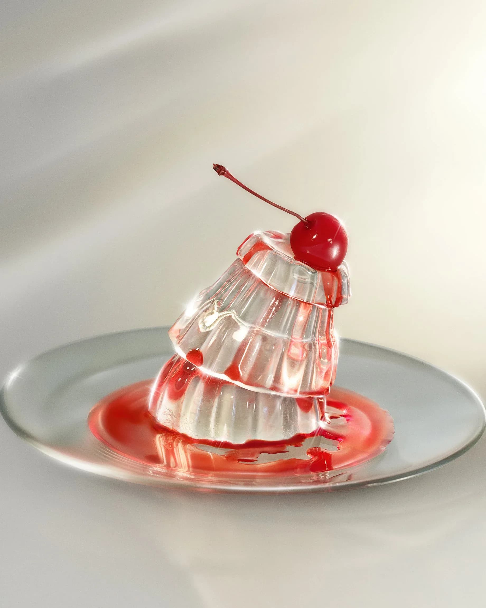 Translucent jello mold with cherry on silver plate with red syrup
