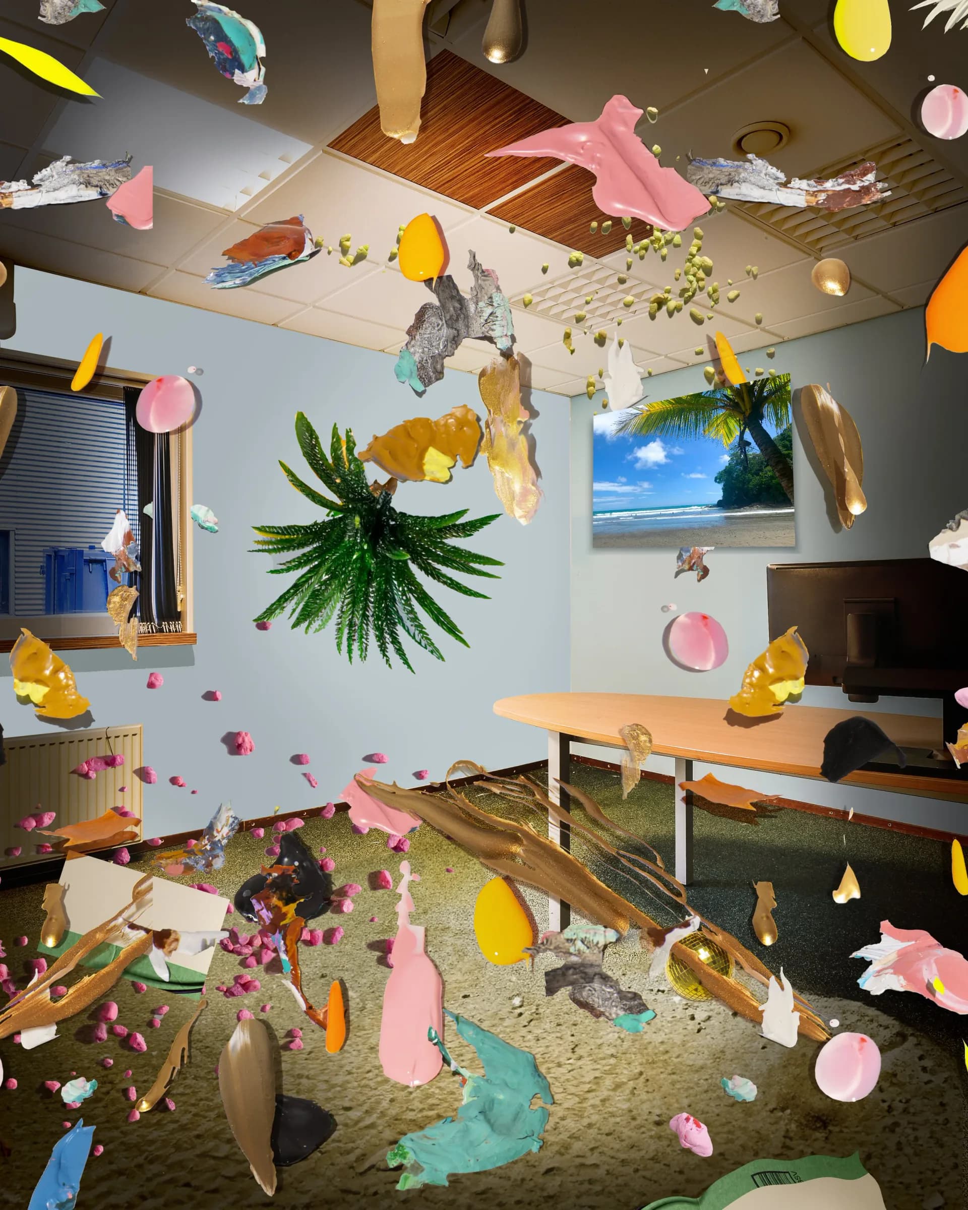 Surreal office interior with floating colorful sculptural objects and tropical plant