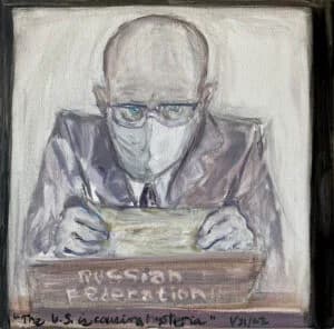 Watercolor and charcoal painting of a bald figure wearing glasses and a mask, leaning over an open box labeled with text, rendered in muted tones.