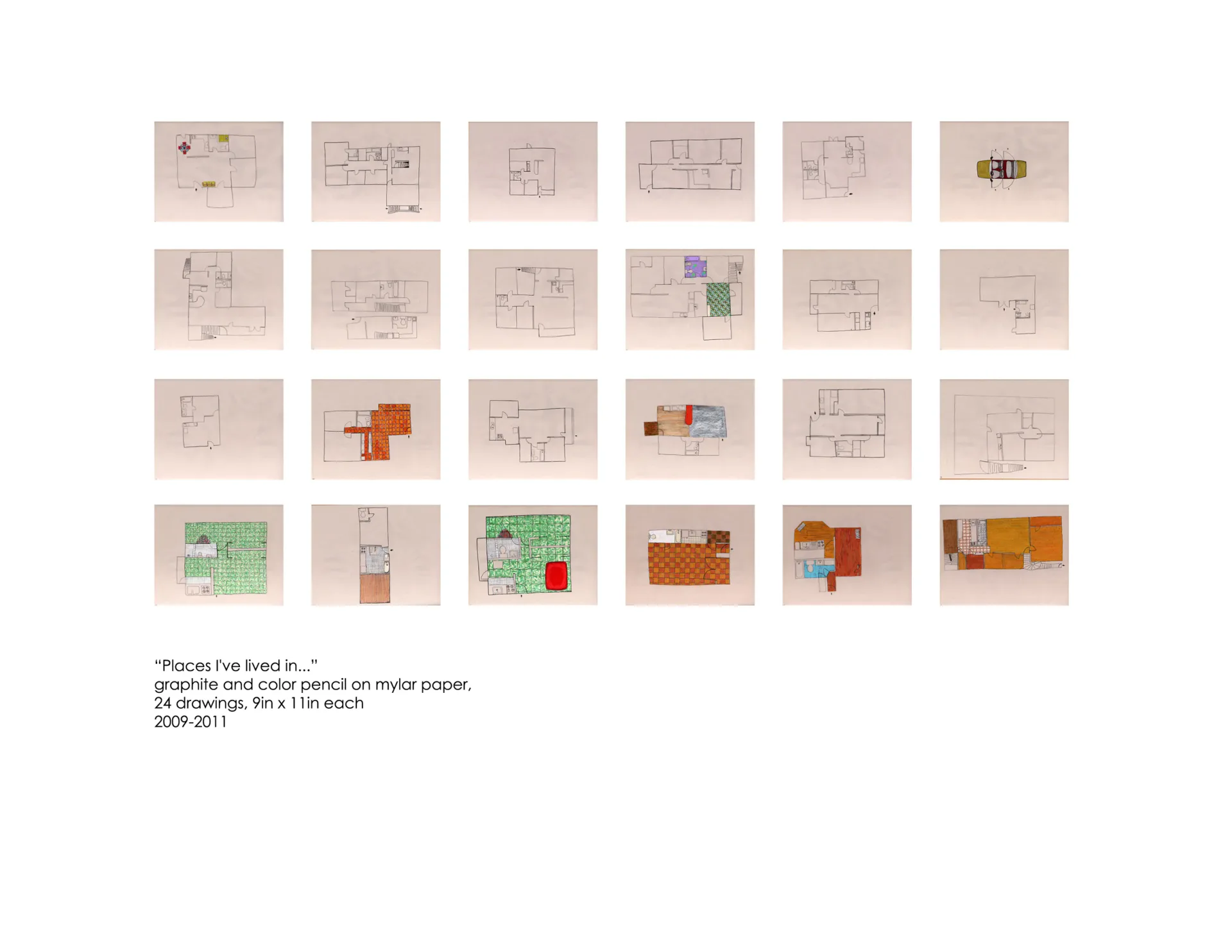 Places I've lived in - complete series overview, graphite and color pencil on mylar paper, 24 drawings