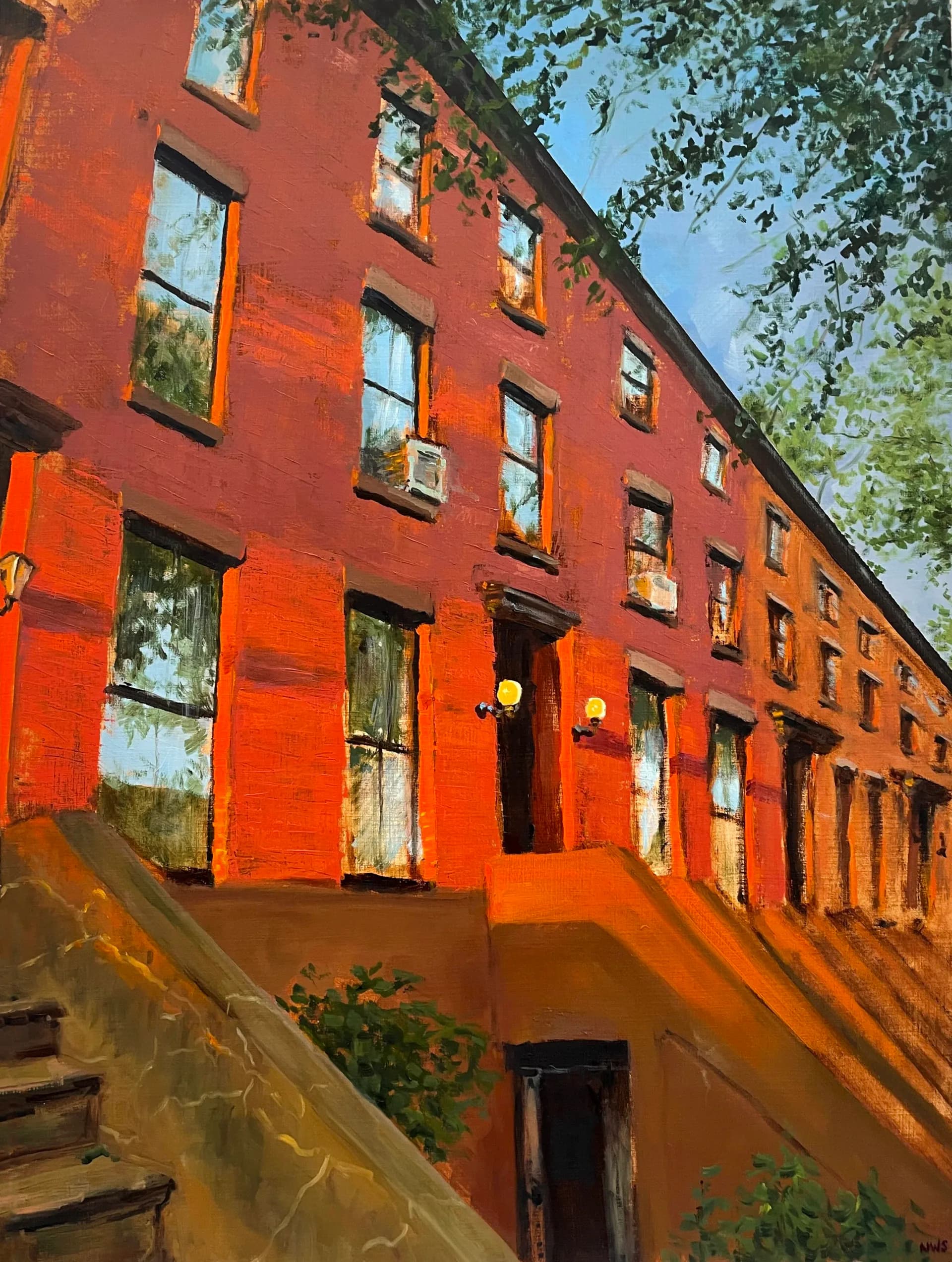 Oil painting of a sunlit row of red brick Brooklyn brownstones with stoops receding into the distance