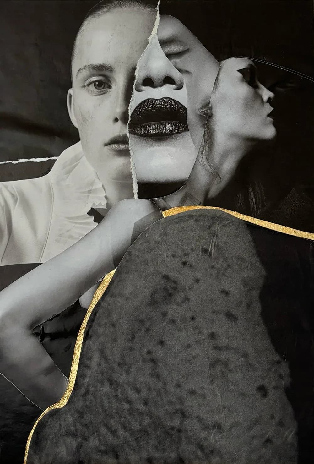 Black and white photographic collage of layered female faces with gold leaf accent