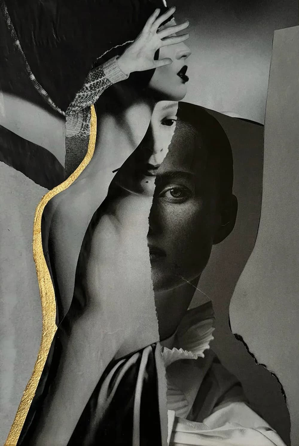 Black and white photographic collage of fragmented figures with flowing gold leaf stripe