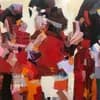 Figurative abstract painting with red and muted tones showing grouped figures