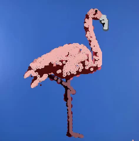 Pink flamingo composed of circular dot elements on blue background