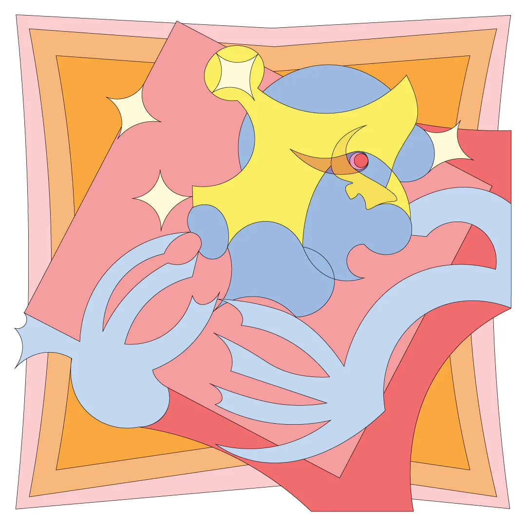Abstract digital illustration with pink and blue layered frames, yellow star forms, and interlocking organic shapes in coral and blue tones