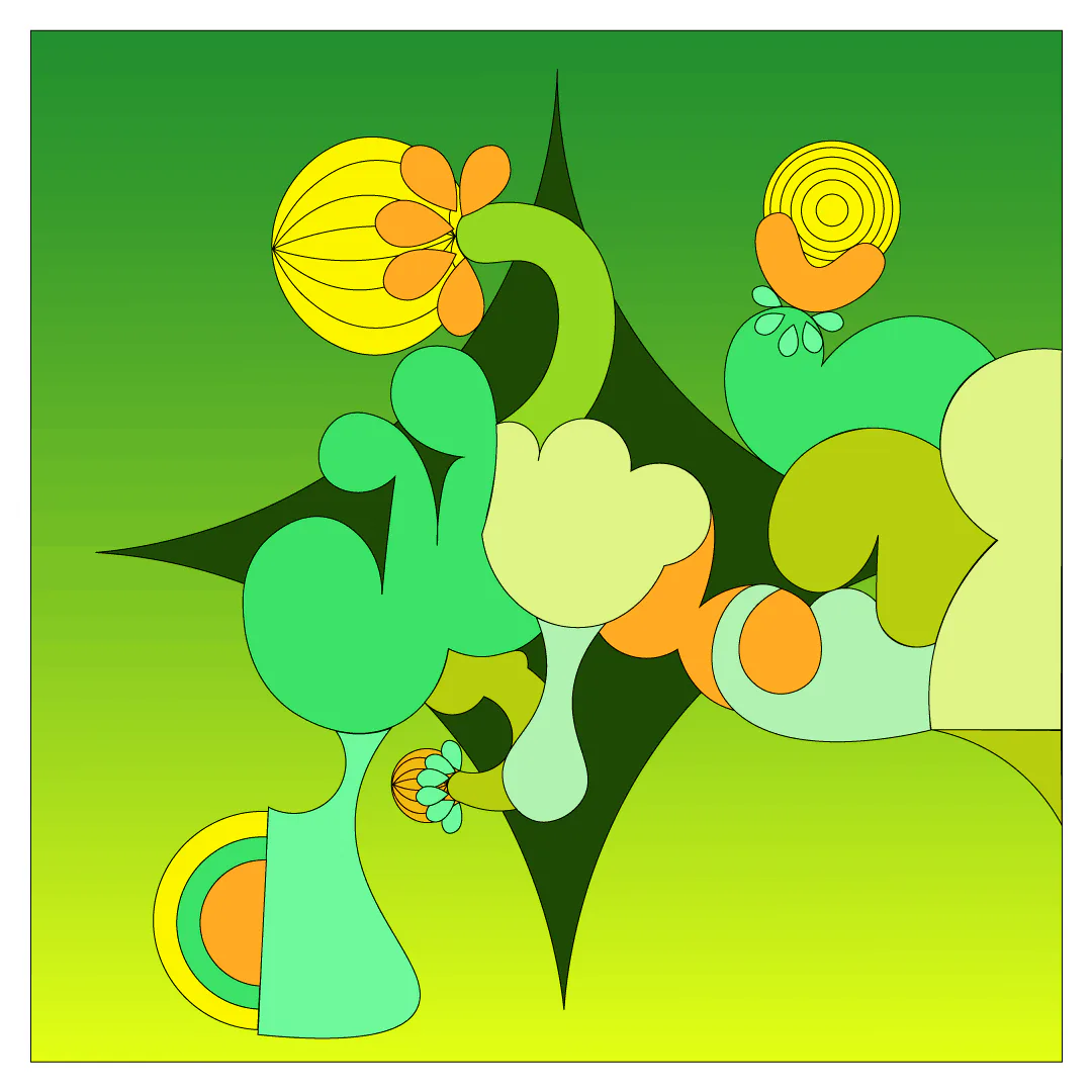 Abstract digital illustration with green and orange botanical forms against a gradient green background featuring a dark four-pointed star