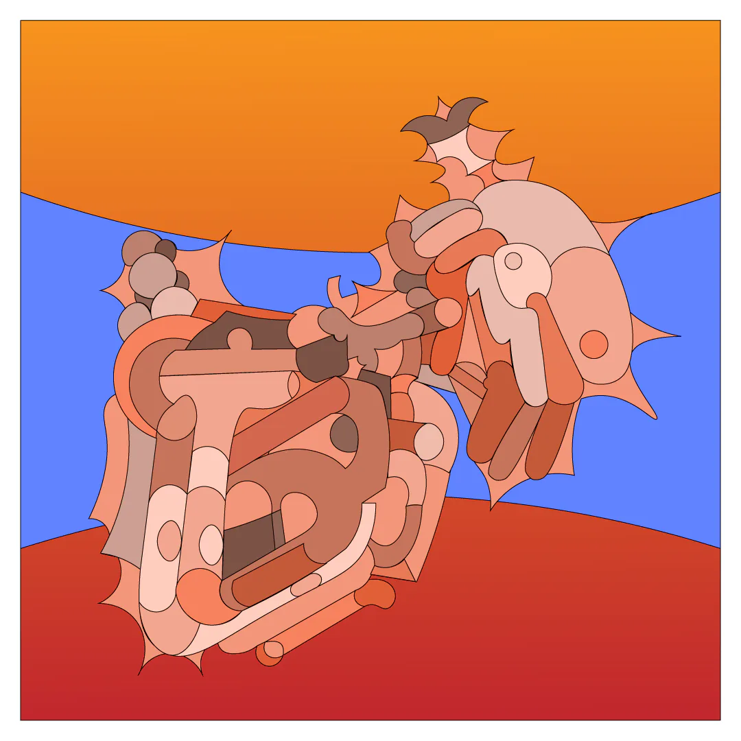 Abstract digital illustration with interlocking orange-red mechanical organic forms against a bold orange and blue gradient background