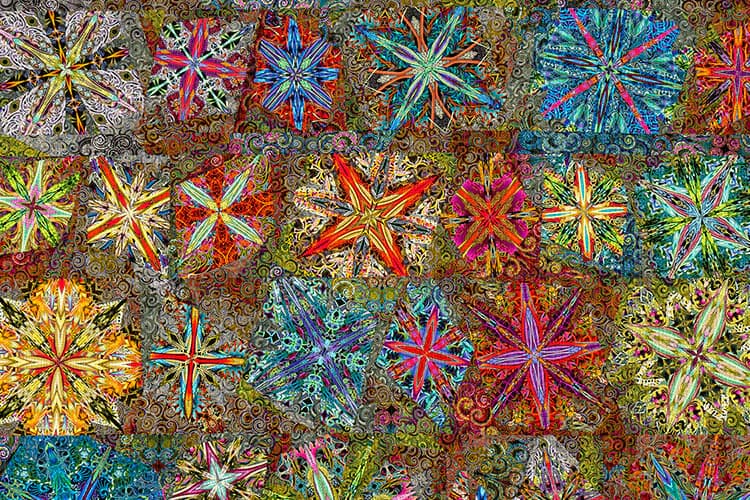 Densely packed abstract textile or mixed-media composition featuring overlapping radiating star and mandala patterns in vibrant reds, blues, yellows, greens, and golds on a mottled brown background.