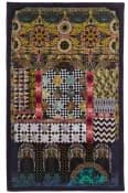 Textile or quilted artwork with geometric patterns in gold, red, black, and cream, divided into grid sections with Islamic-inspired and checkerboard designs.