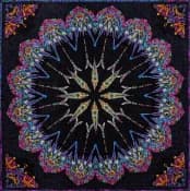 Symmetrical mandala-style textile or fiber art featuring concentric circular geometric patterns in purple, magenta, black, and gold with ornamental corners.