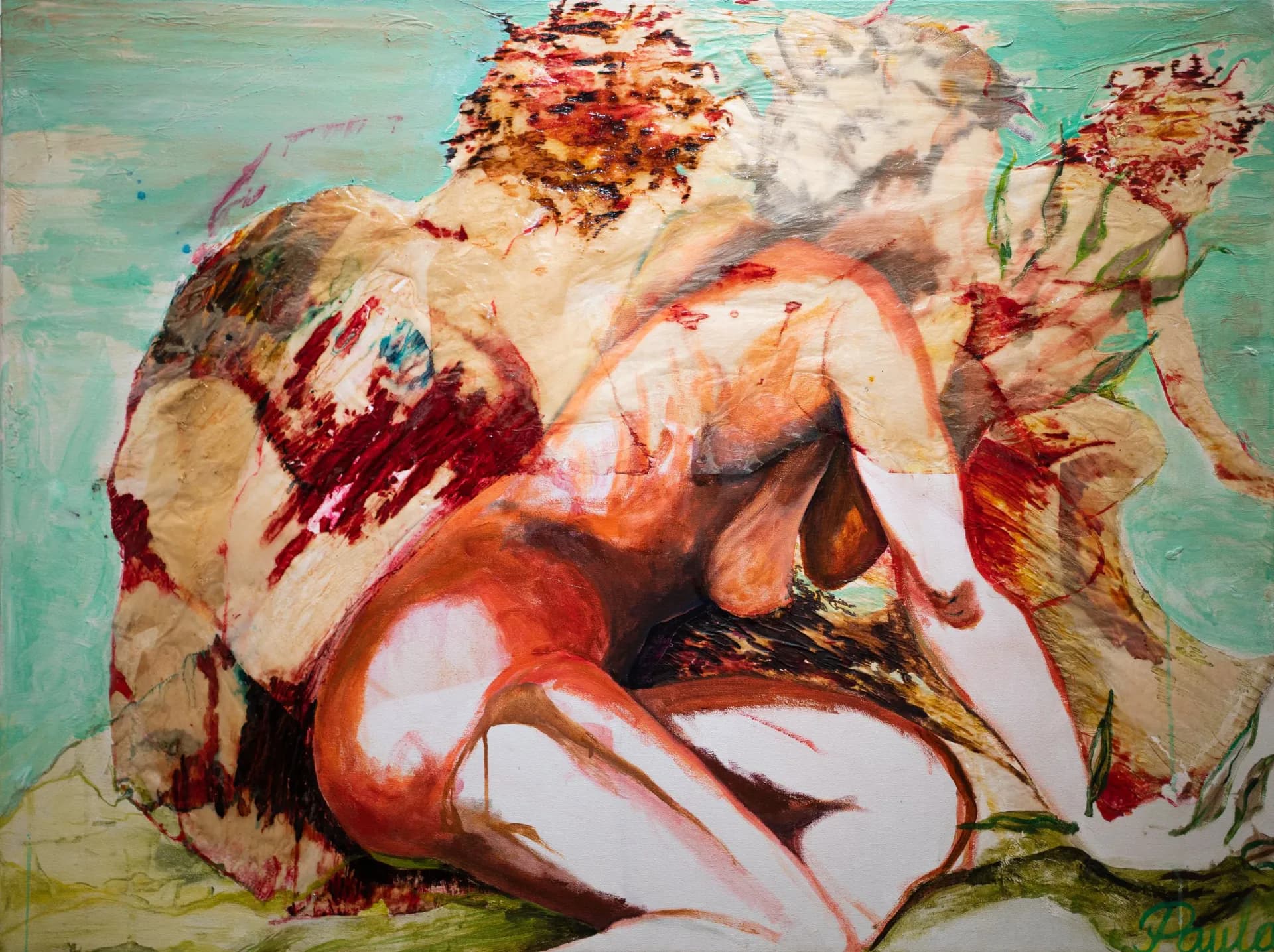 Mixed-media painting of two nude figures in orange autumnal forest setting