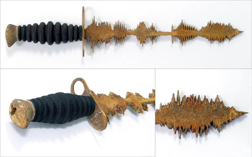 Two patinated metal dagger sculptures with waveform blades displayed with detail shots