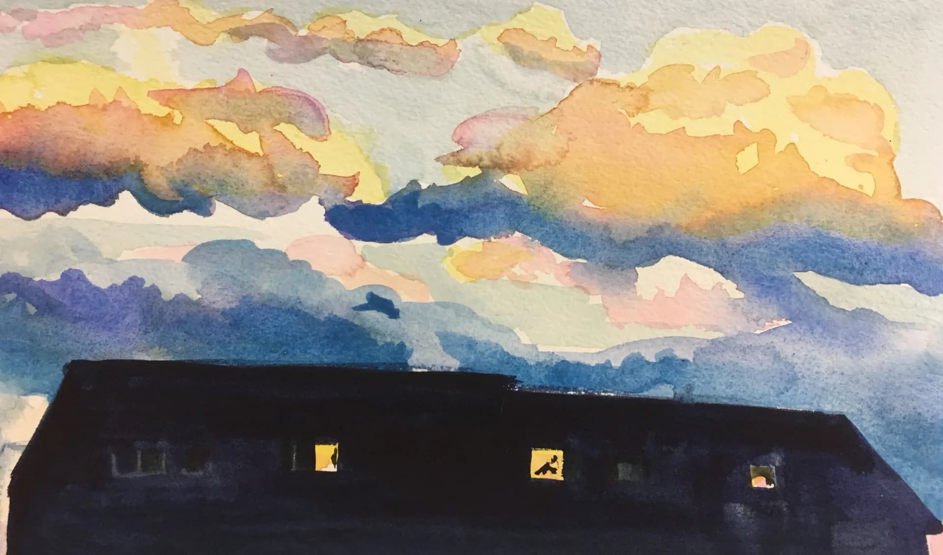 Watercolor painting of a dark building silhouette with glowing windows beneath a dramatic cloudy sunset sky
