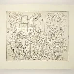 Detailed etching of figures working at desks in a fantastical interior scene