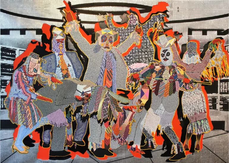 Large-scale black and white geometric pattern mural with colorful 3D sculptural elements mounted on gallery wall