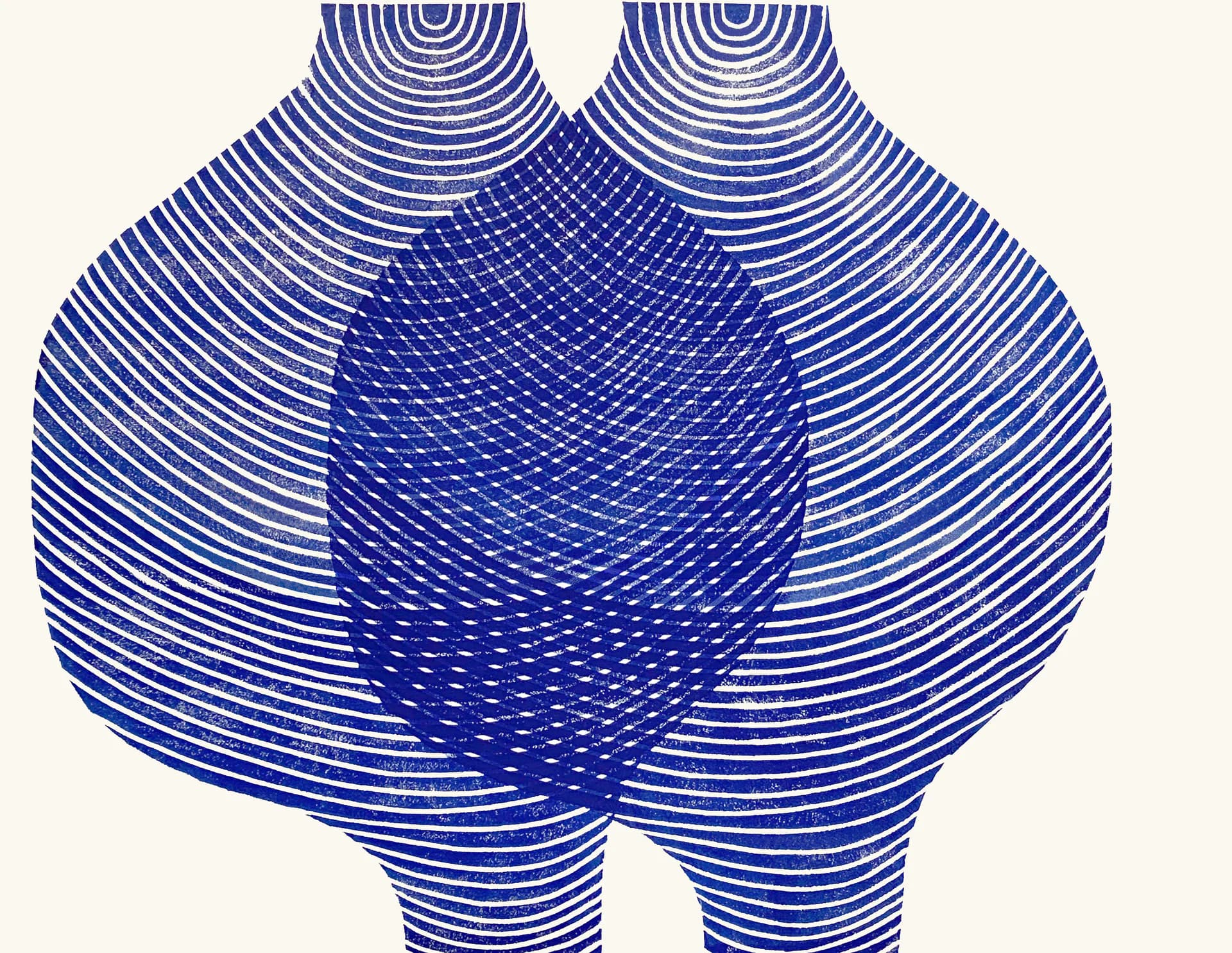 Blue abstract figurative print with concentric line patterns forming two intertwined figures