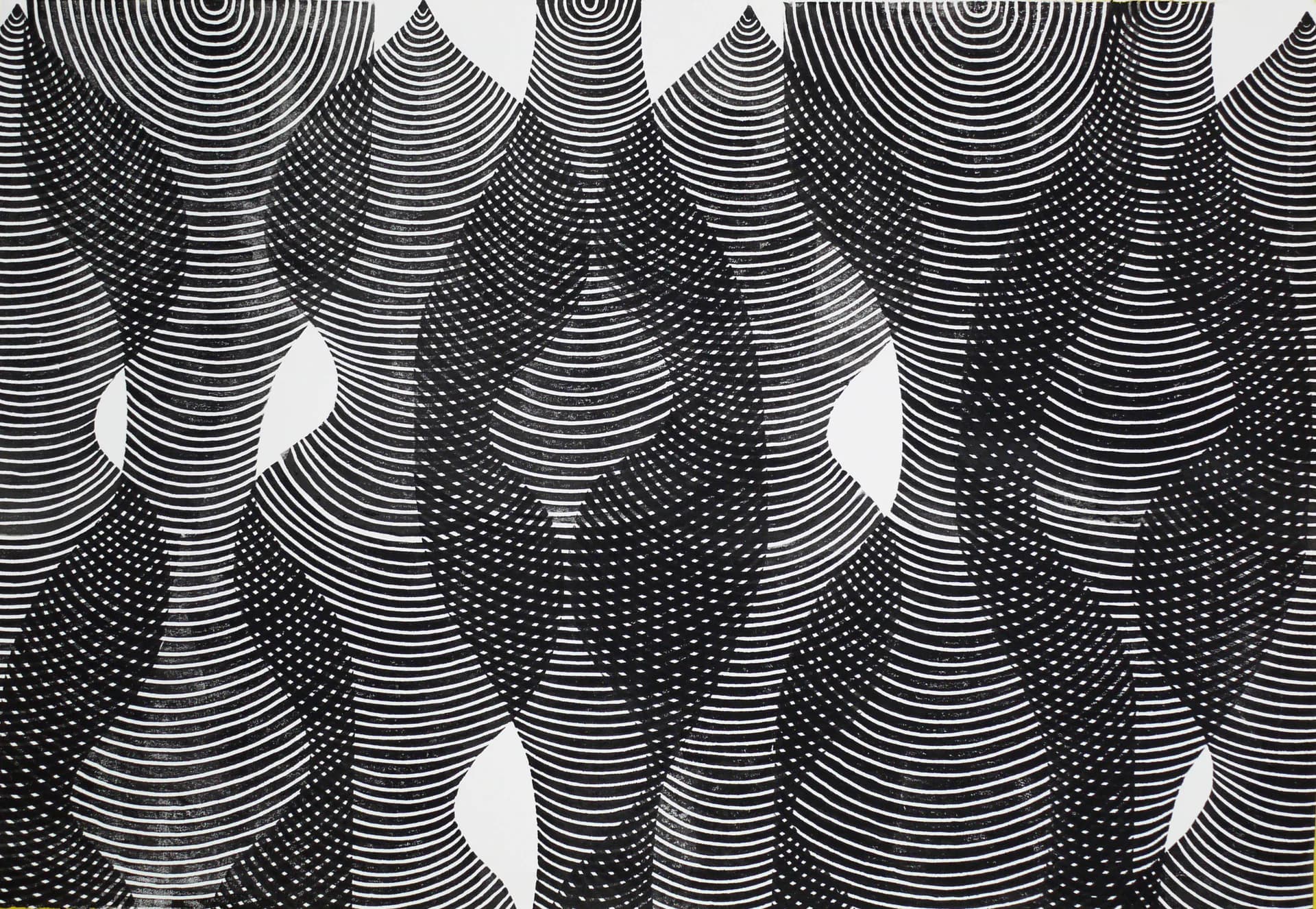 Black and white abstract print with repeating concentric arc patterns creating an optical textile-like surface