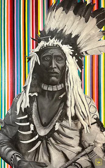 Monochromatic portrait of Native American figure wearing headdress, set against vibrant multicolored vertical striped background.