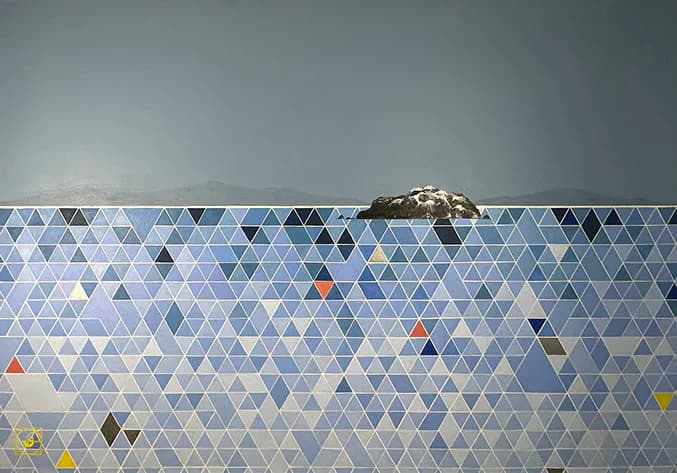 Abstract composition with geometric triangular pattern in blue tones and scattered colored triangles, featuring a dark form at horizon line.