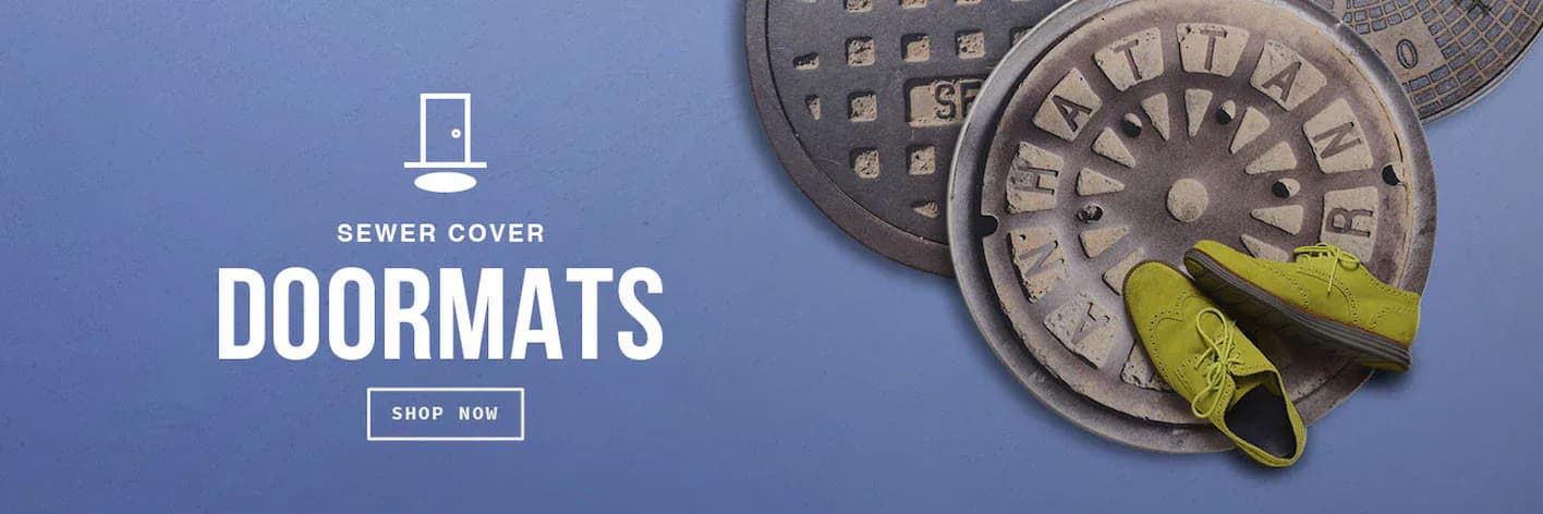 Promotional banner with 'SEWER COVER DOORMATS' text on blue background, featuring manhole covers and yellow shoes.