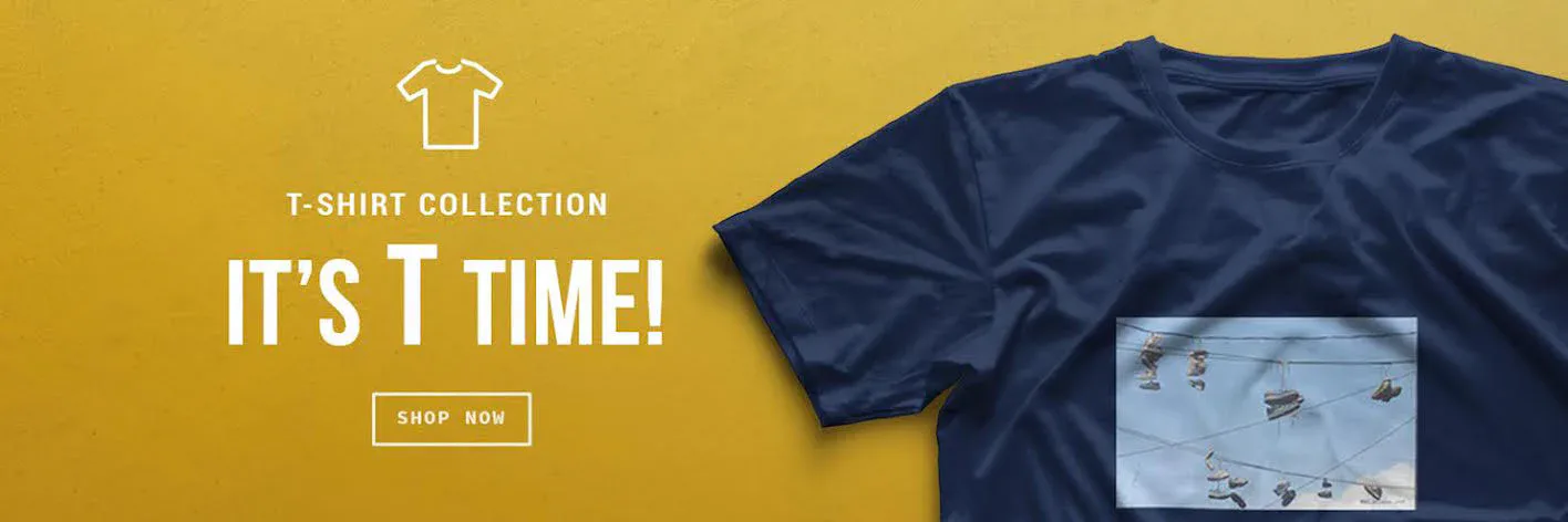 Promotional graphic with 'IT'S T TIME!' text on yellow background, navy t-shirt with graphic print displayed.