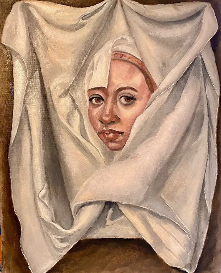 Figure emerging from draped white fabric, oil painting