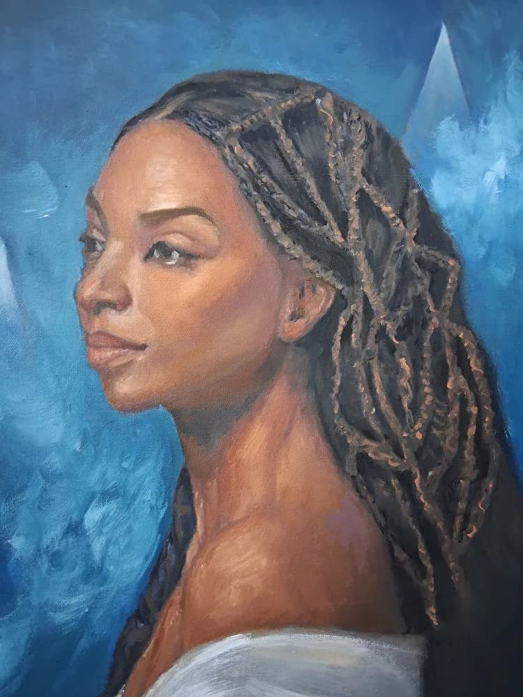Portrait of a woman with braided locs against blue background, oil painting